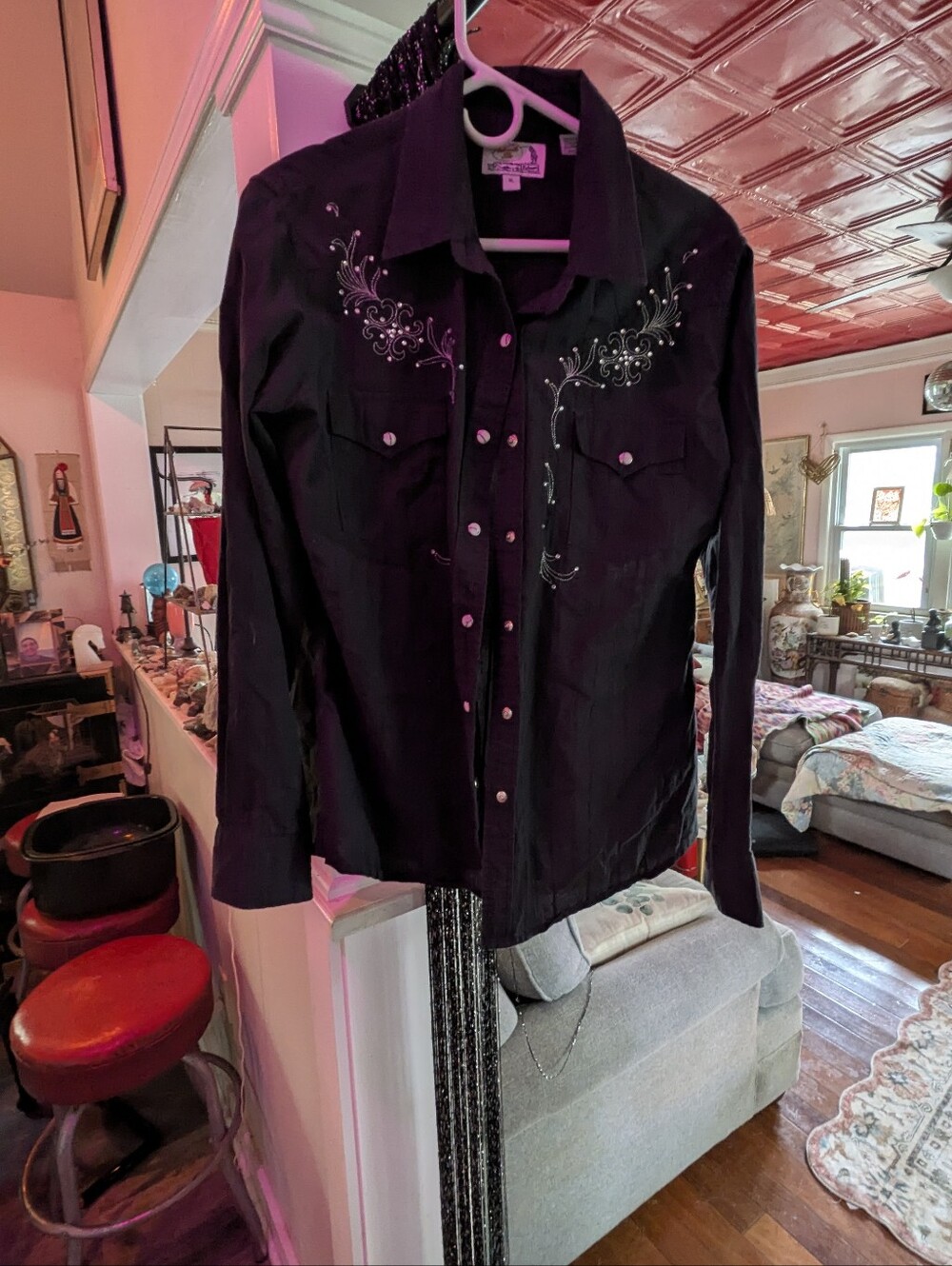 Embroidered Black Button-Down Western Shirt